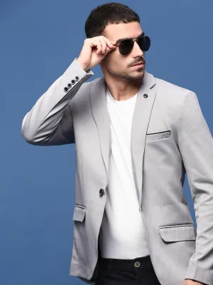 Men Grey Slim-Fit Single-Breasted Cotton Blazer