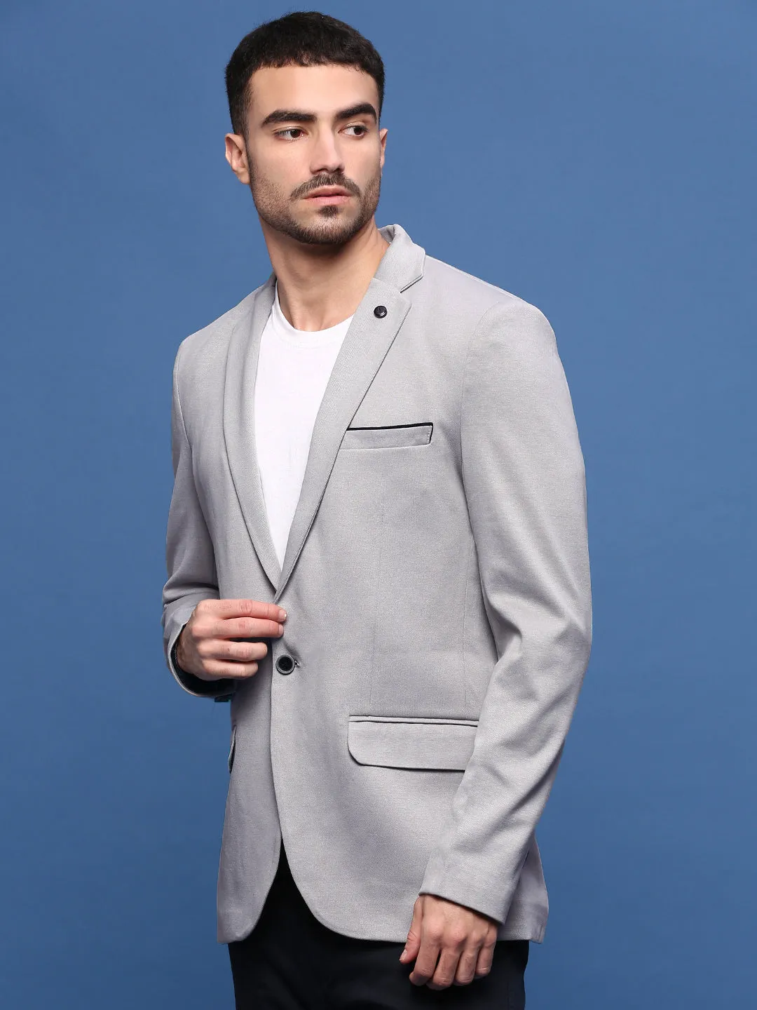 Men Grey Slim-Fit Single-Breasted Cotton Blazer