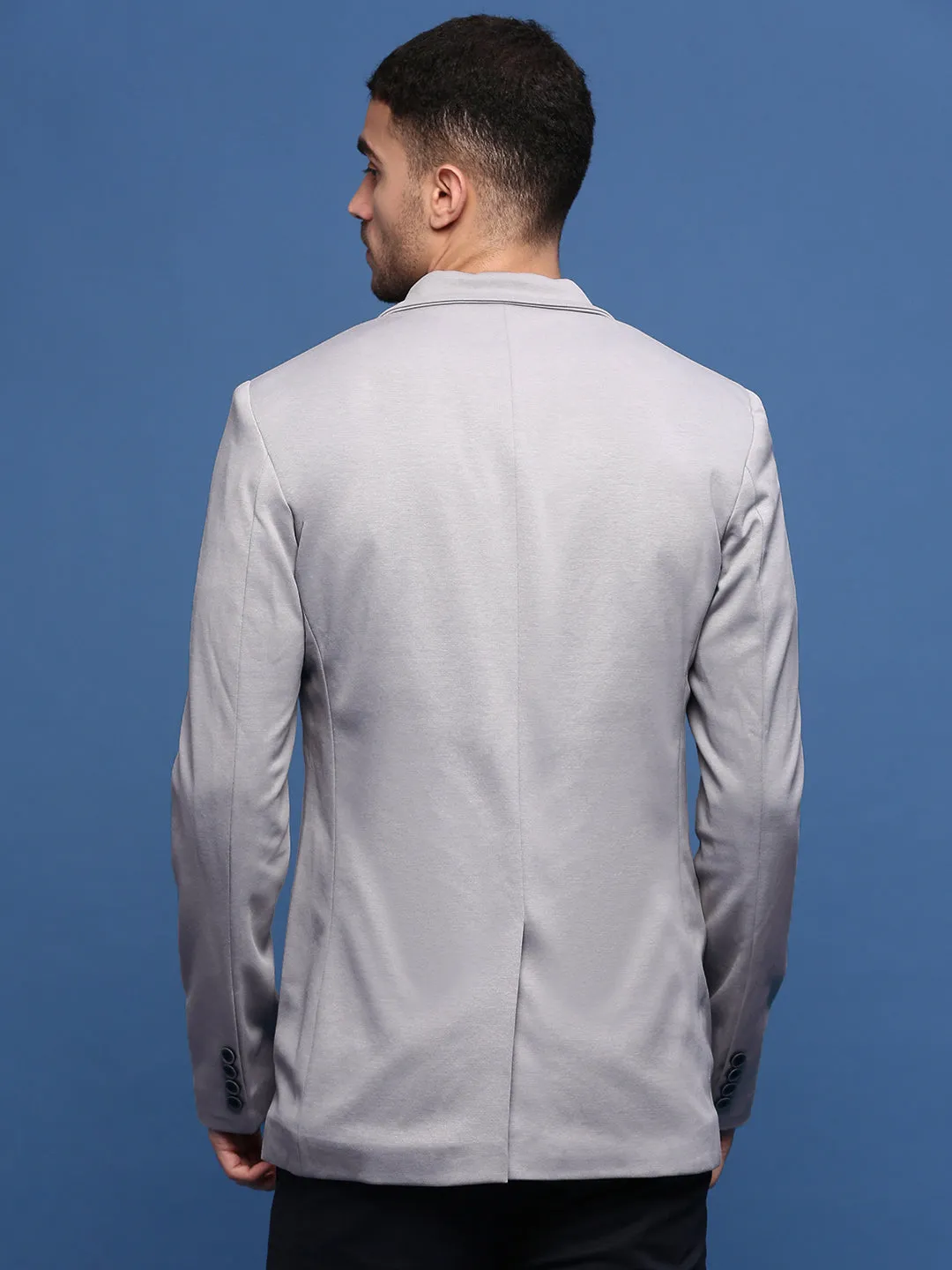 Men Grey Slim-Fit Single-Breasted Cotton Blazer