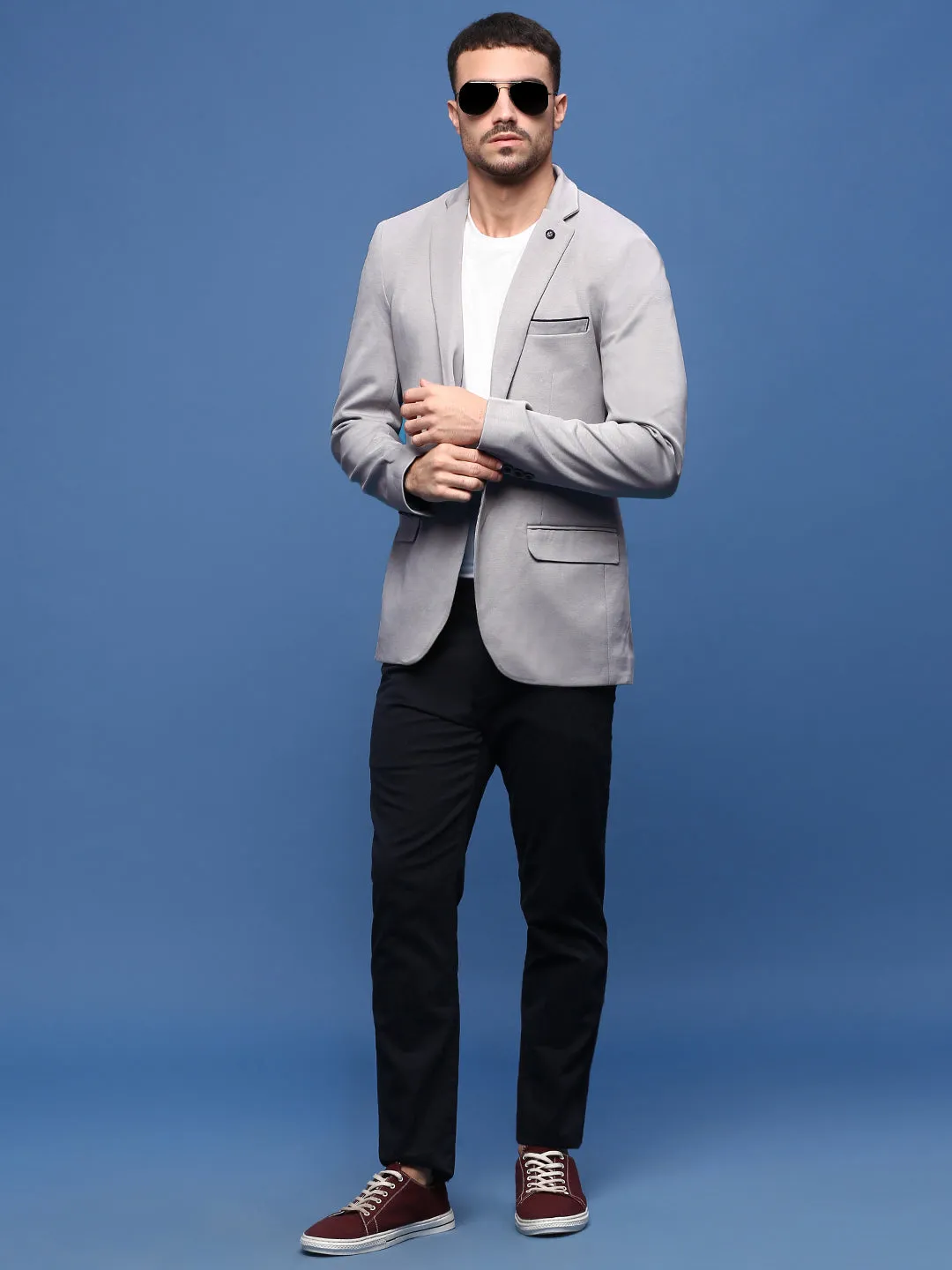 Men Grey Slim-Fit Single-Breasted Cotton Blazer