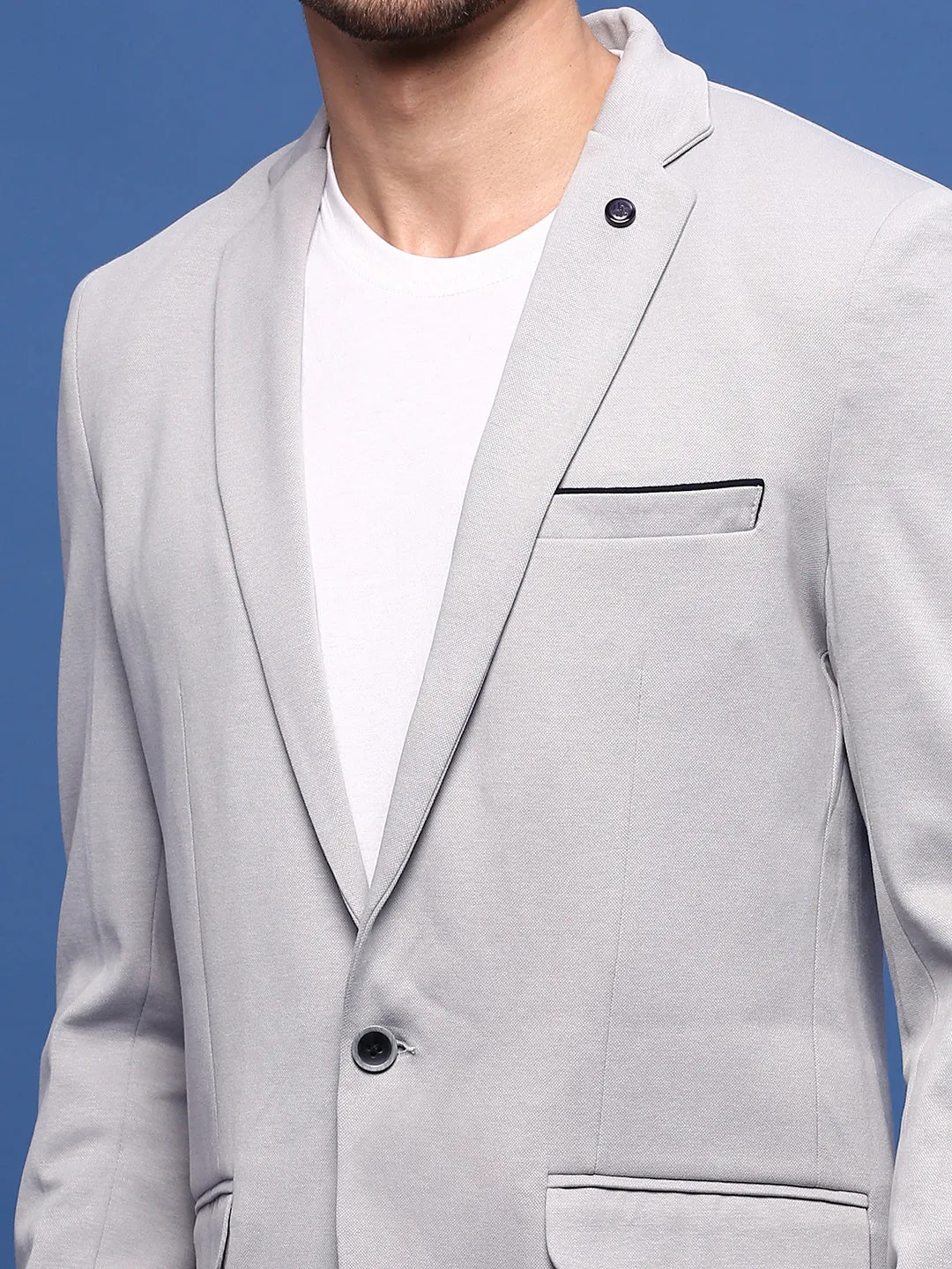 Men Grey Slim-Fit Single-Breasted Cotton Blazer