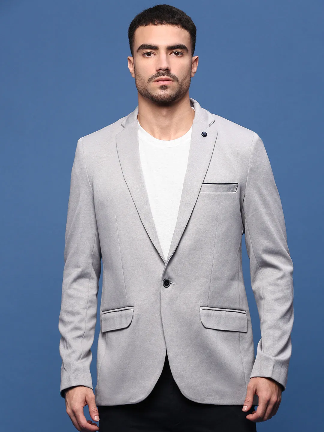 Men Grey Slim-Fit Single-Breasted Cotton Blazer