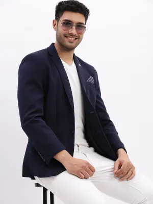 Men Navy Blue Slim Fit Cotton Single Breasted Blazer