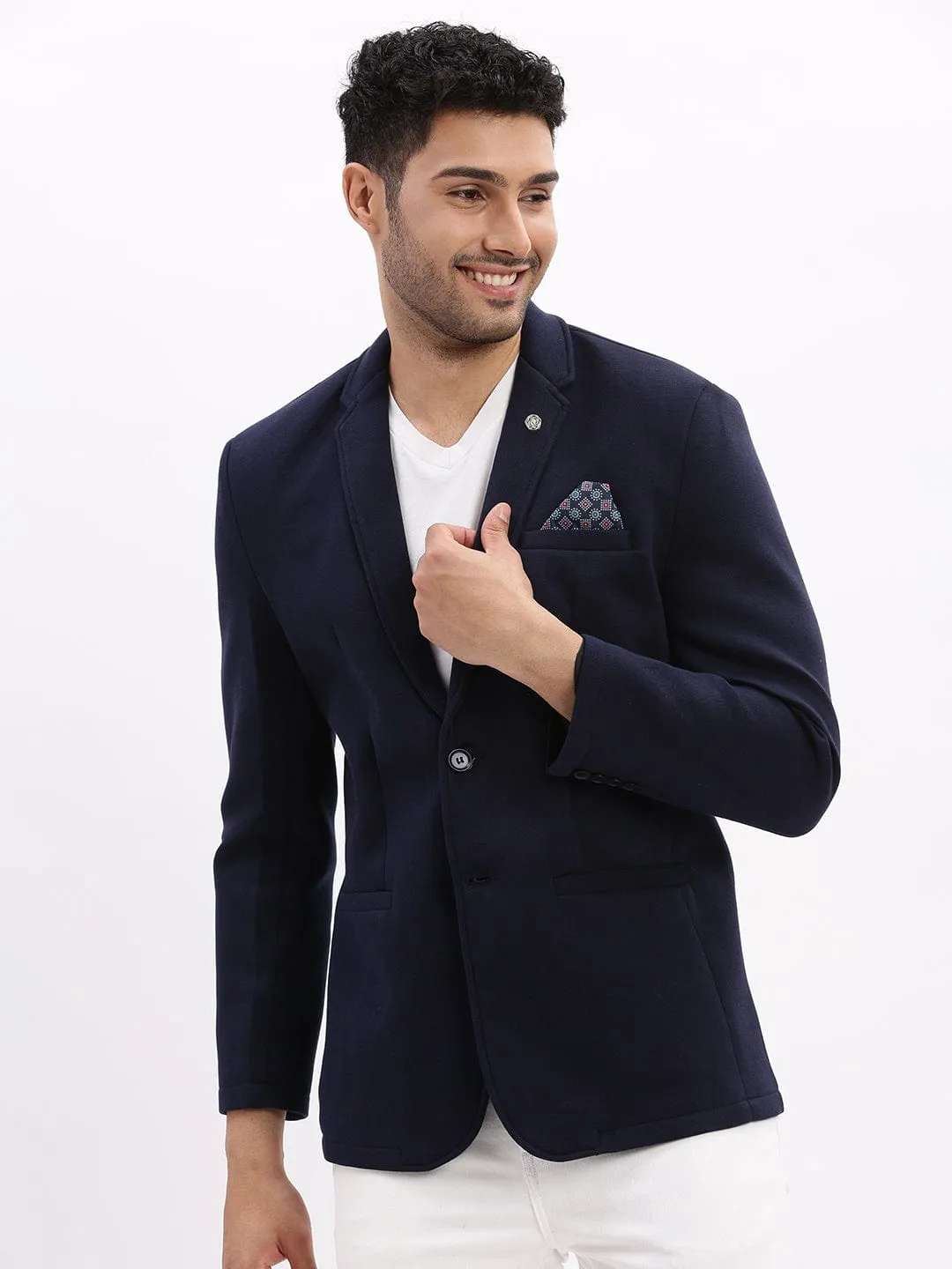 Men Navy Blue Slim Fit Cotton Single Breasted Blazer