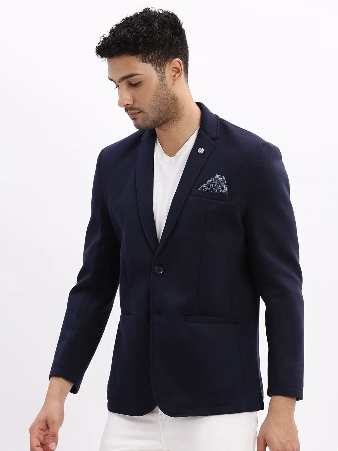 Men Navy Blue Slim Fit Cotton Single Breasted Blazer