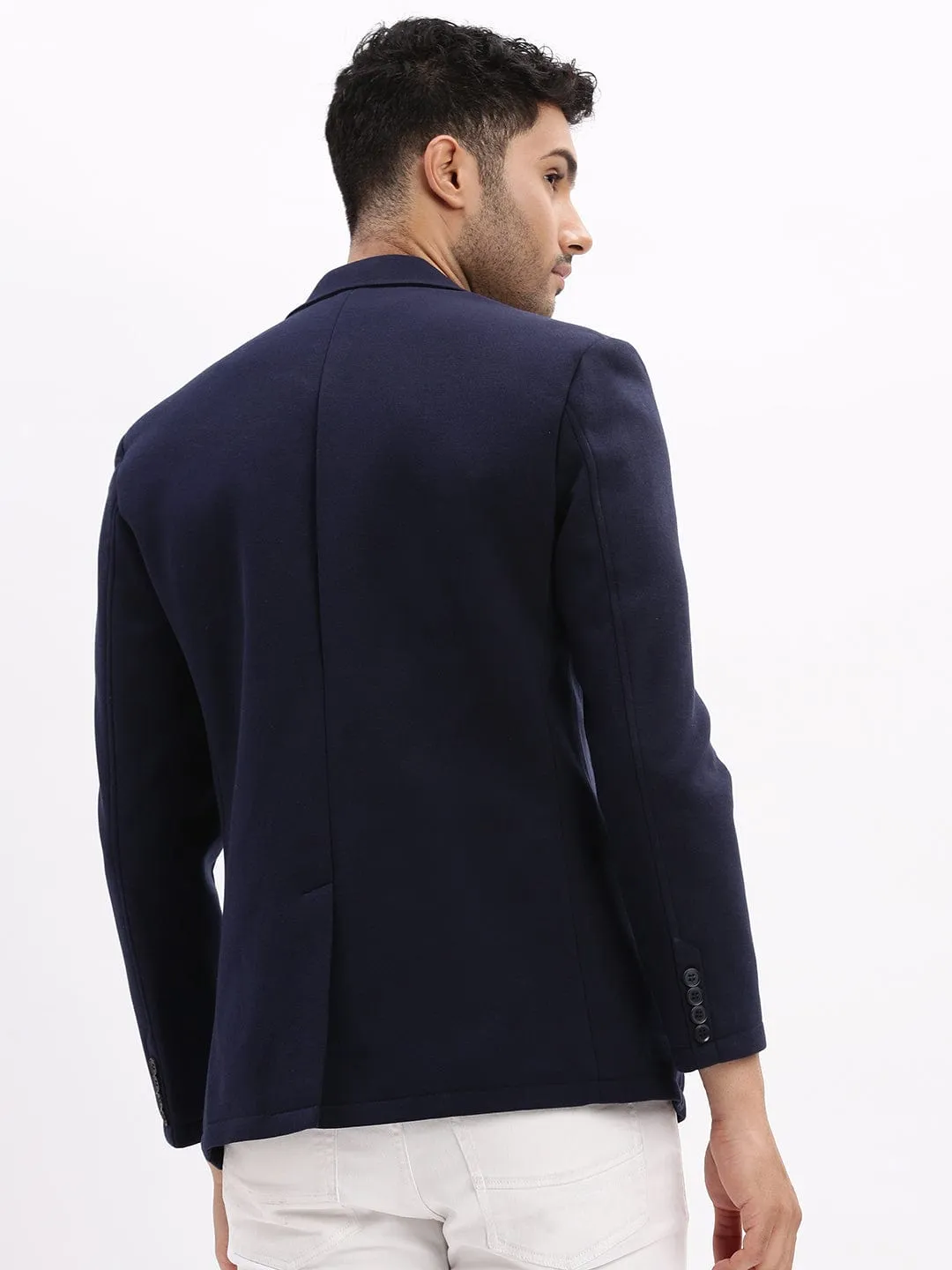 Men Navy Blue Slim Fit Cotton Single Breasted Blazer