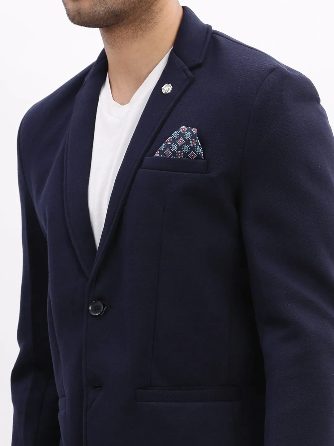 Men Navy Blue Slim Fit Cotton Single Breasted Blazer