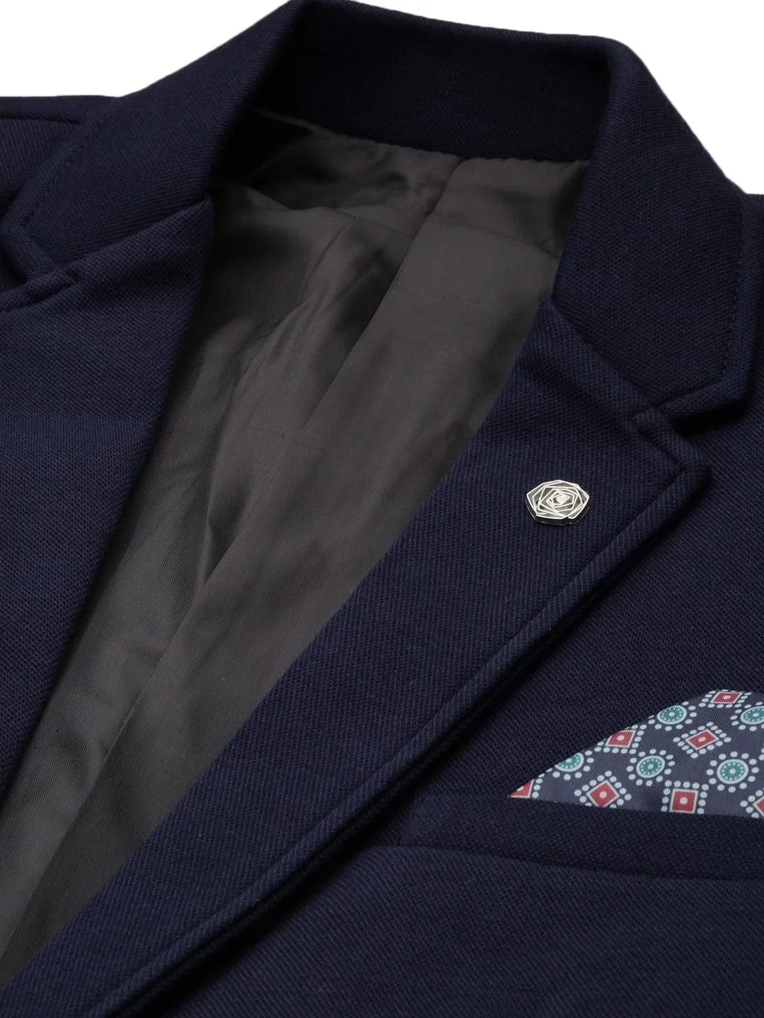Men Navy Blue Slim Fit Cotton Single Breasted Blazer