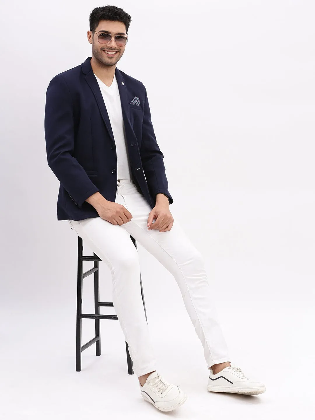 Men Navy Blue Slim Fit Cotton Single Breasted Blazer