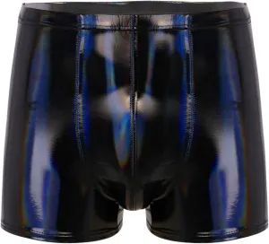 Mens Latex Faux Leather Boxer Shorts Shiny Metallic Briefs Bulge Pouch Hot Pants Swim Trunks