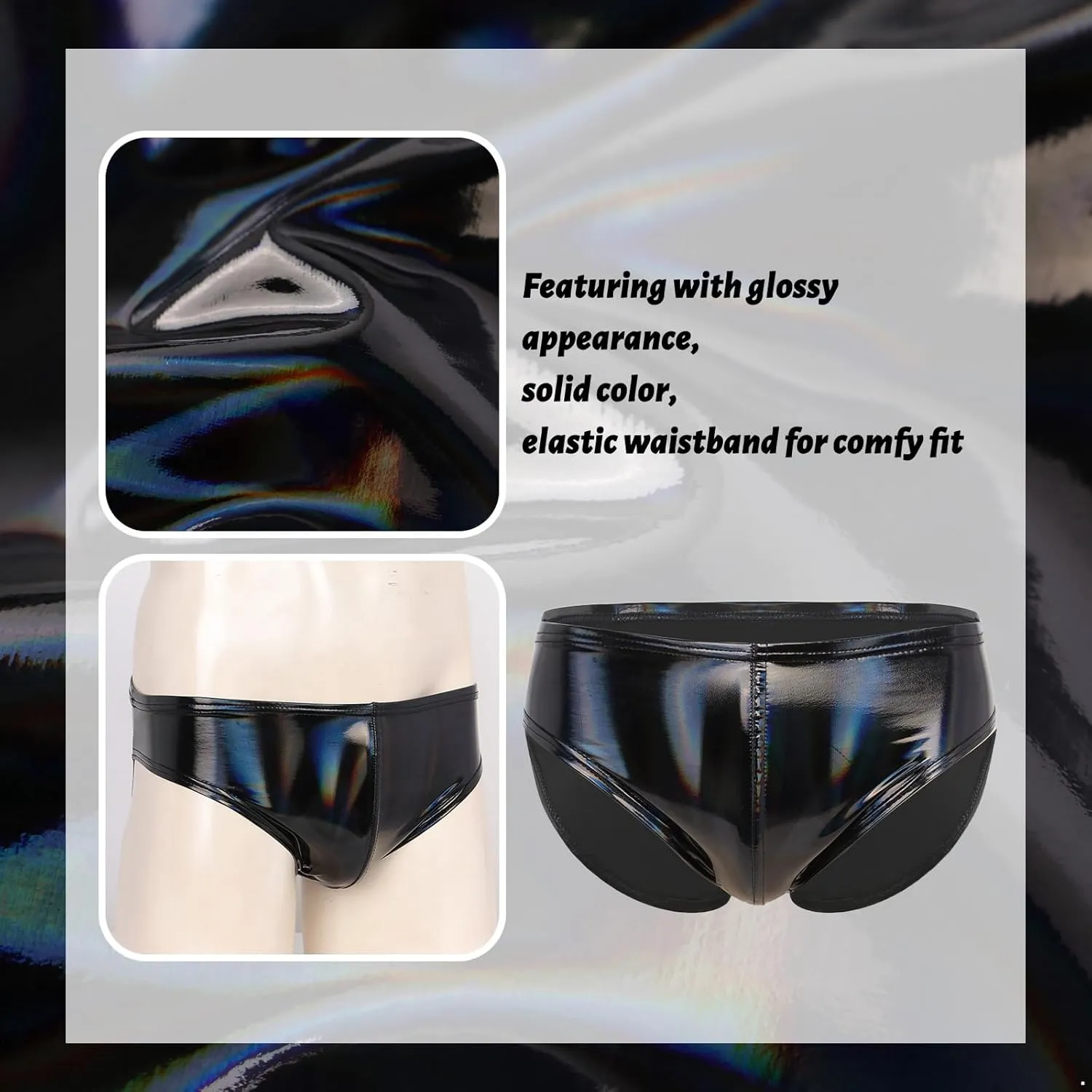Men's Leather Boxer Briefs Thong Metallic Shiny Bulge Pouch Underwear Latex Hot Pants Clubwear