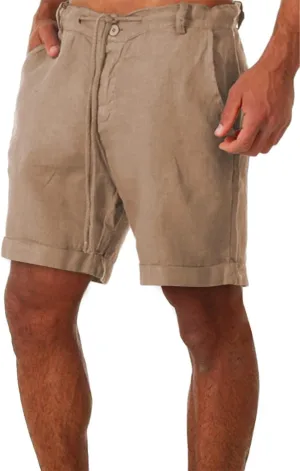 Men's Linen Casual Classic Short Elastic Waist Summer Beach Lightweight Board Slim-Fit with Pockets