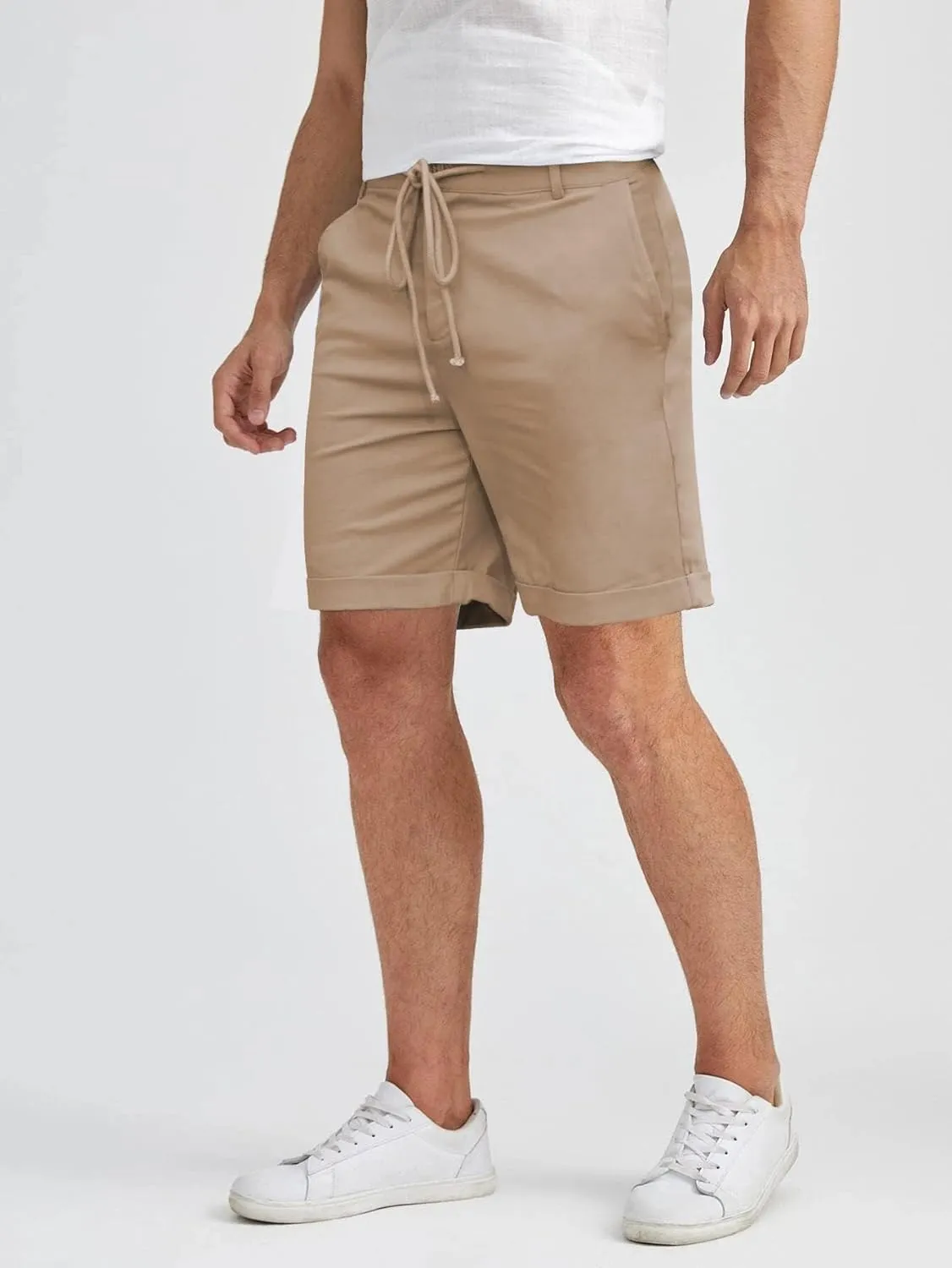 Men's Linen Casual Classic Short Elastic Waist Summer Beach Lightweight Board Slim-Fit with Pockets