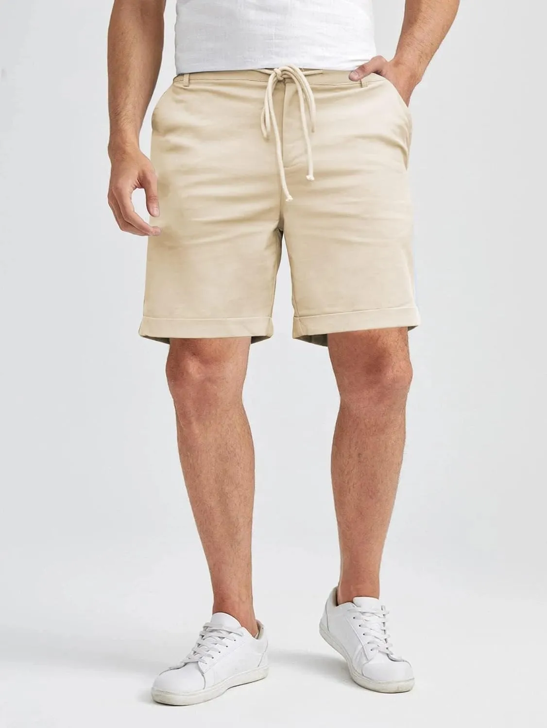 Men's Linen Casual Classic Short Elastic Waist Summer Beach Lightweight Board Slim-Fit with Pockets