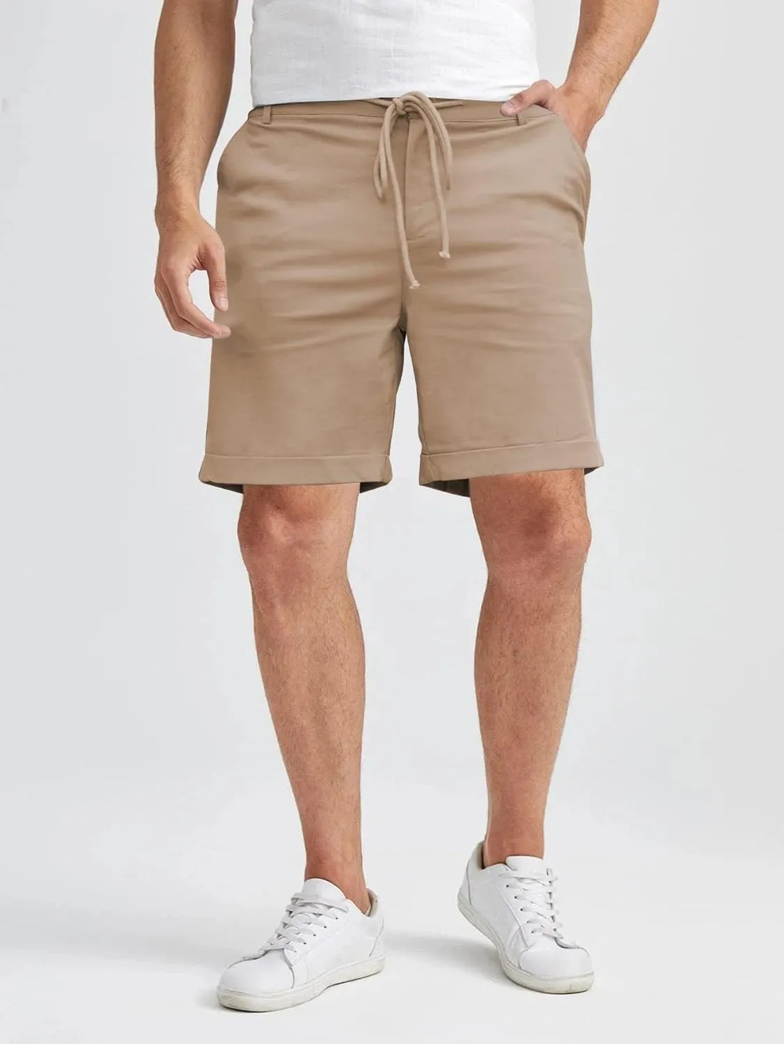 Men's Linen Casual Classic Short Elastic Waist Summer Beach Lightweight Board Slim-Fit with Pockets