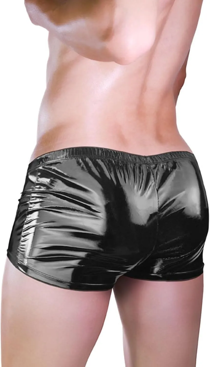 Mens Patent Leather Shorts Zipper Front Boxer Brief Underwear Sexy Zipper Crotchless Stage Performance Costume