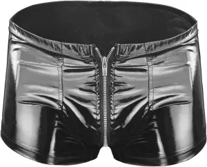Mens Patent Leather Shorts Zipper Front Boxer Brief Underwear Sexy Zipper Crotchless Stage Performance Costume