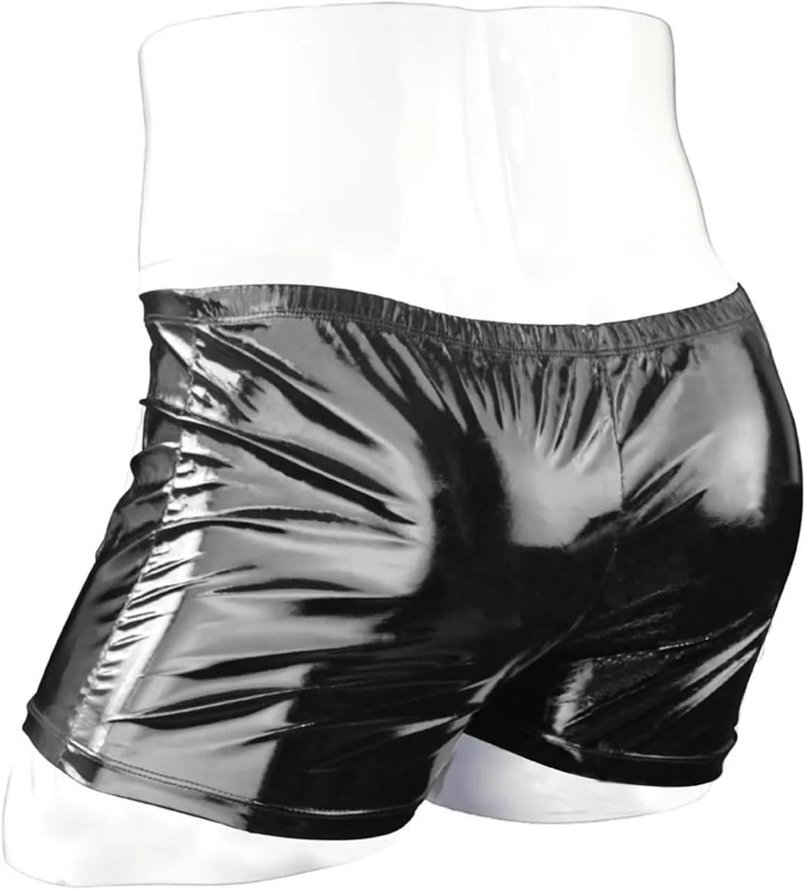 Mens Patent Leather Shorts Zipper Front Boxer Brief Underwear Sexy Zipper Crotchless Stage Performance Costume