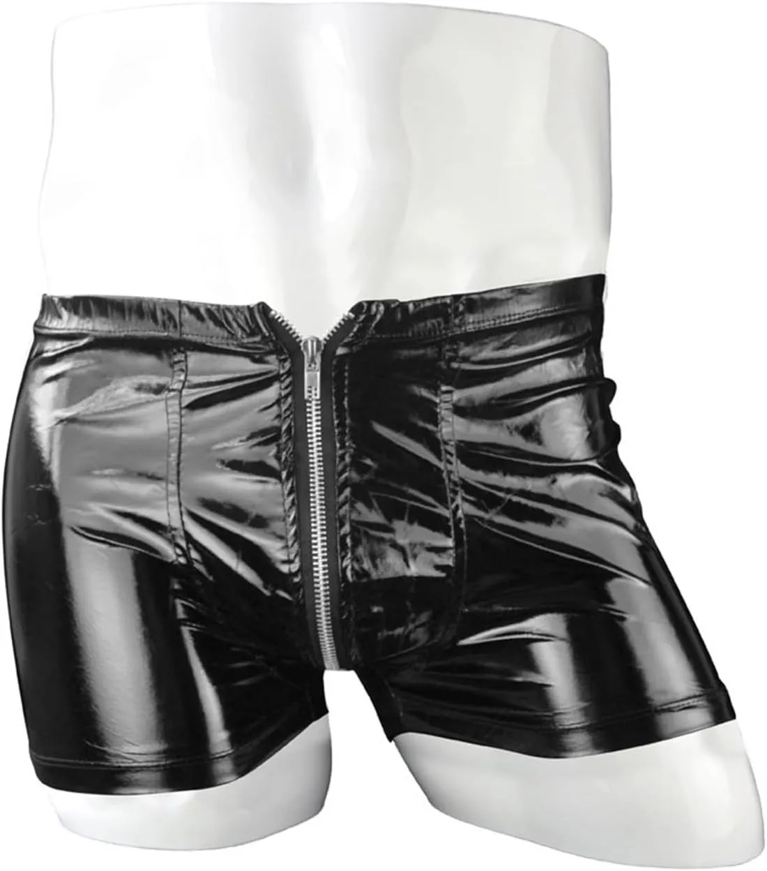 Mens Patent Leather Shorts Zipper Front Boxer Brief Underwear Sexy Zipper Crotchless Stage Performance Costume