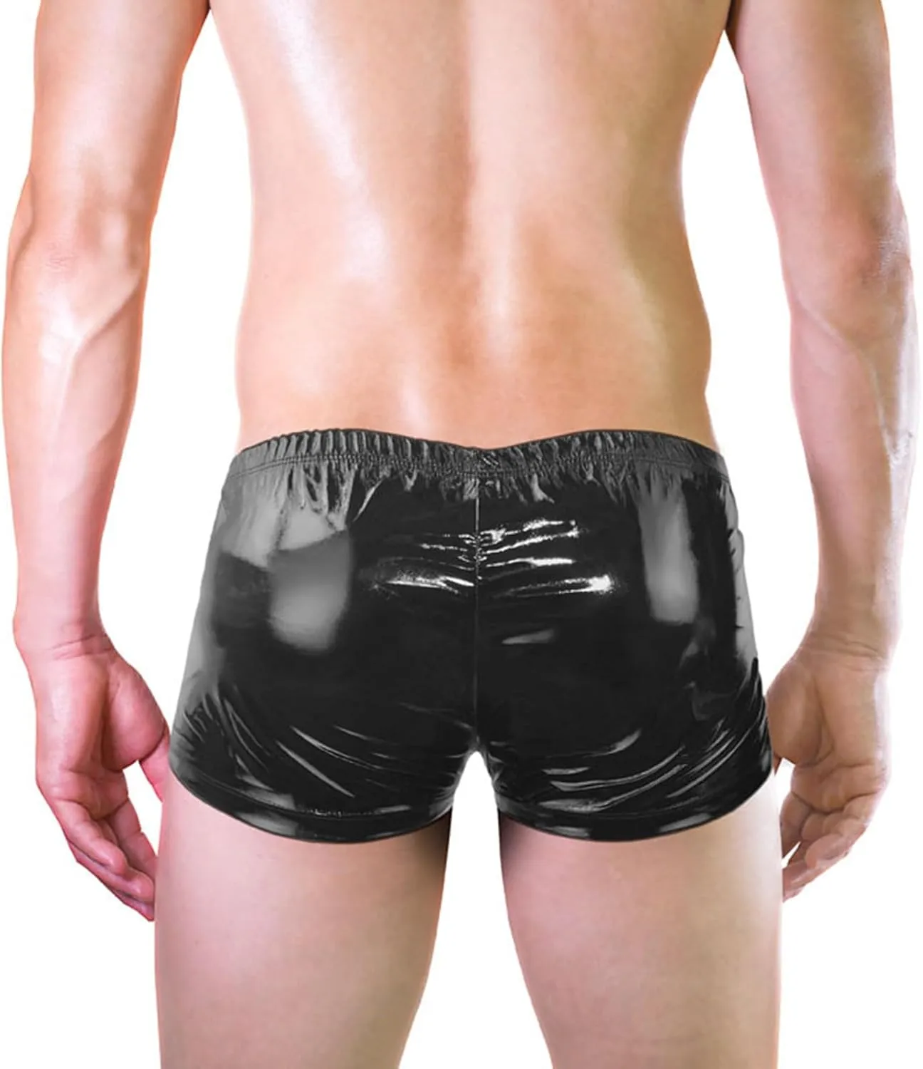 Mens Patent Leather Shorts Zipper Front Boxer Brief Underwear Sexy Zipper Crotchless Stage Performance Costume