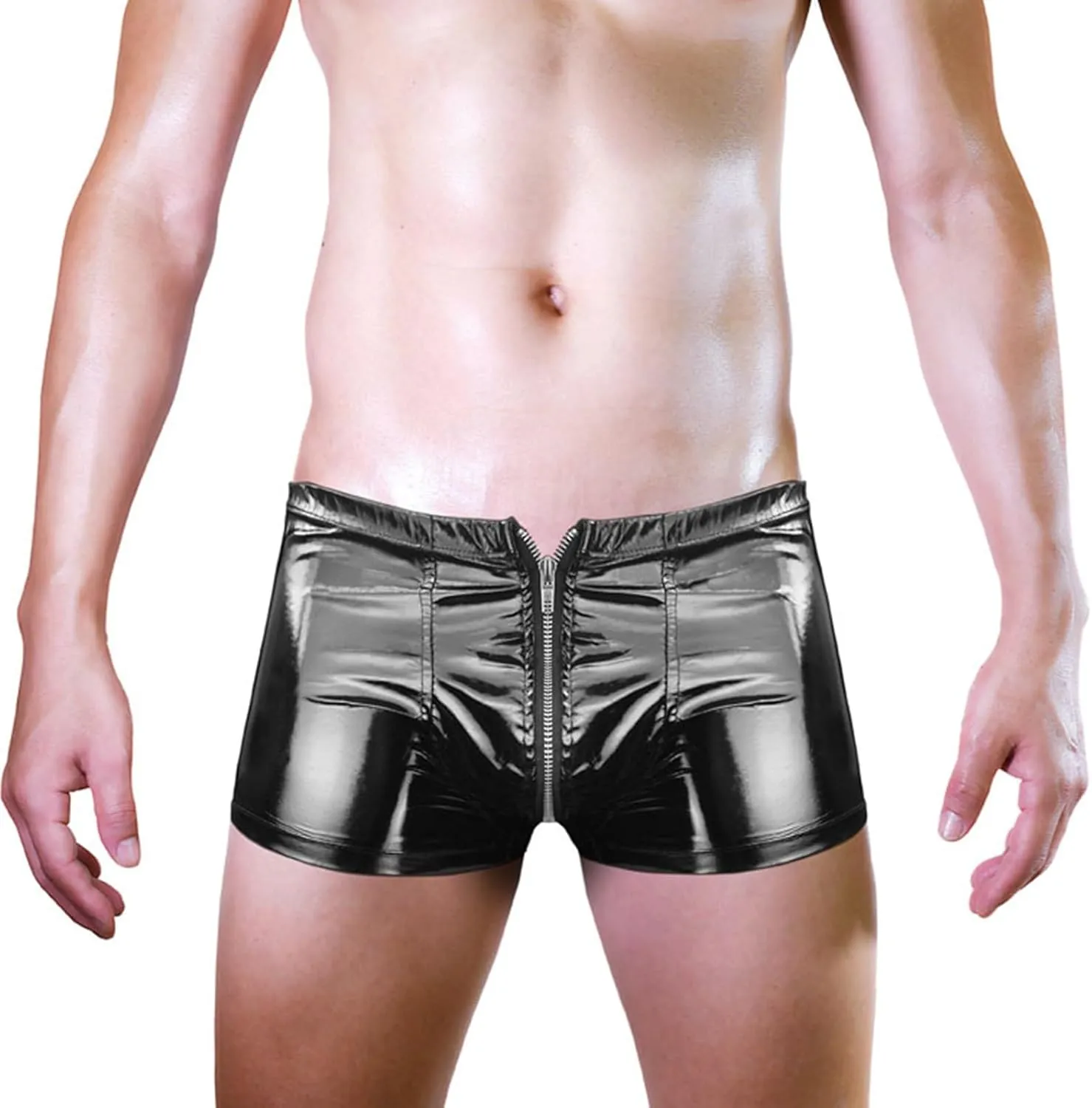 Mens Patent Leather Shorts Zipper Front Boxer Brief Underwear Sexy Zipper Crotchless Stage Performance Costume