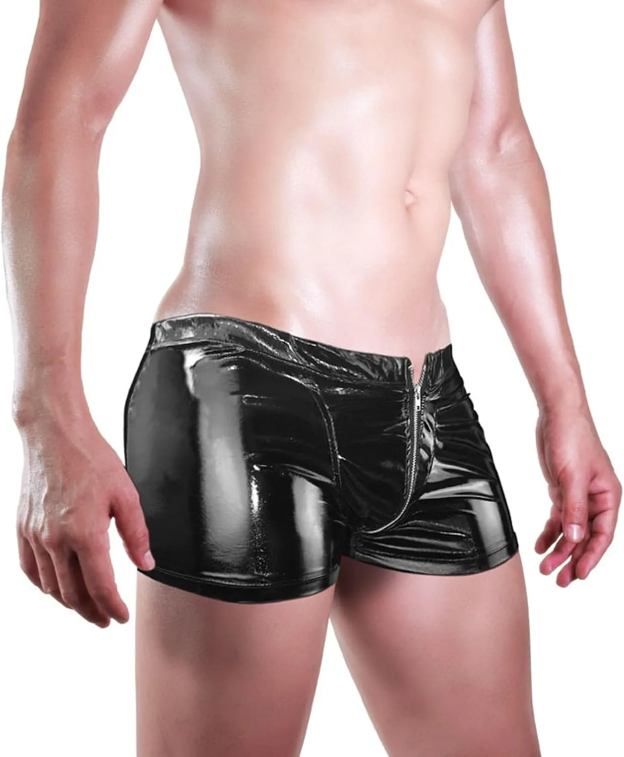 Mens Patent Leather Shorts Zipper Front Boxer Brief Underwear Sexy Zipper Crotchless Stage Performance Costume