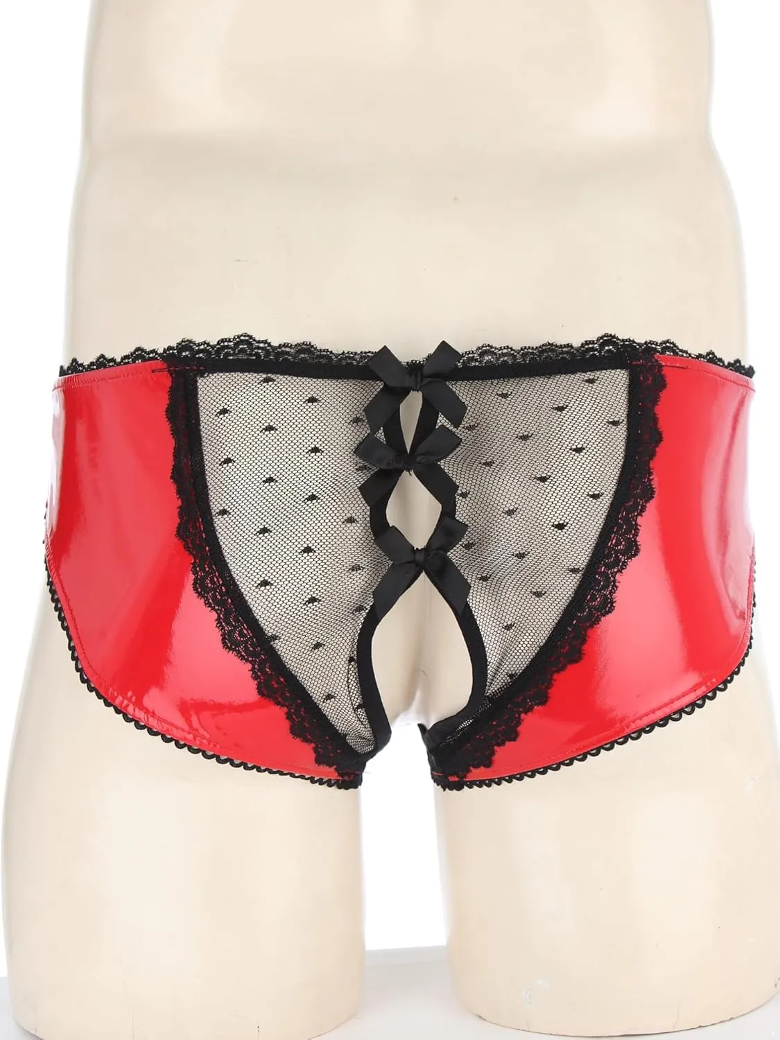 Men's Shiny Metallic Leather Crotchless Briefs Lace Low Rise Sissy Panties Underwear Nightwear