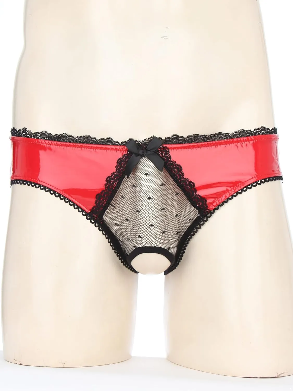Men's Shiny Metallic Leather Crotchless Briefs Lace Low Rise Sissy Panties Underwear Nightwear