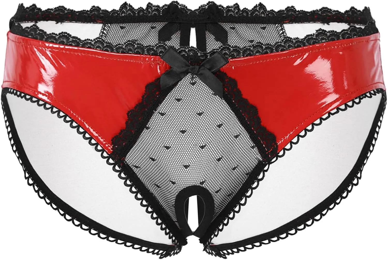 Men's Shiny Metallic Leather Crotchless Briefs Lace Low Rise Sissy Panties Underwear Nightwear