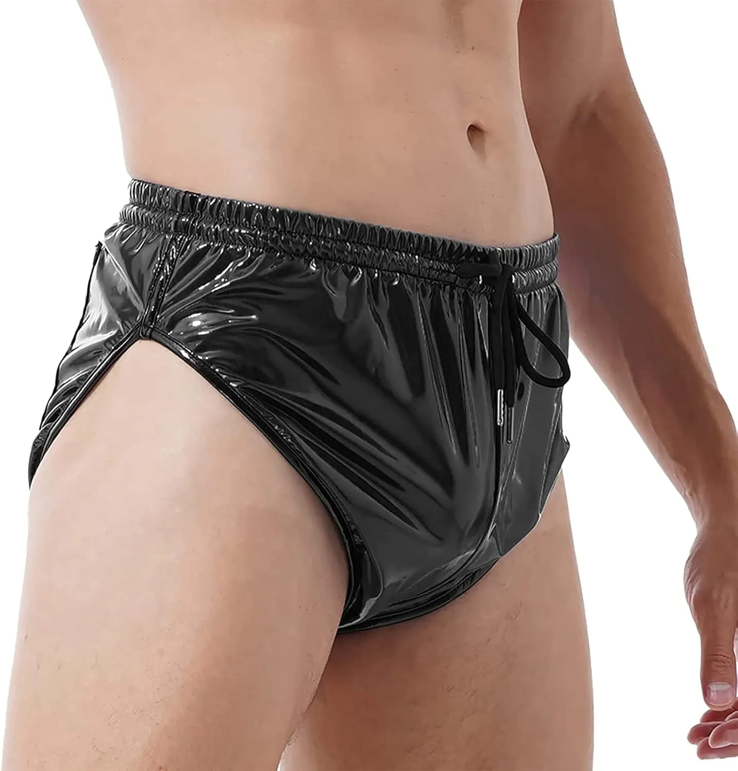 Mens Shiny Metallic Patent Leather Boxer Shorts Underwear Strings High Cut Dance Bottoms Clubwear