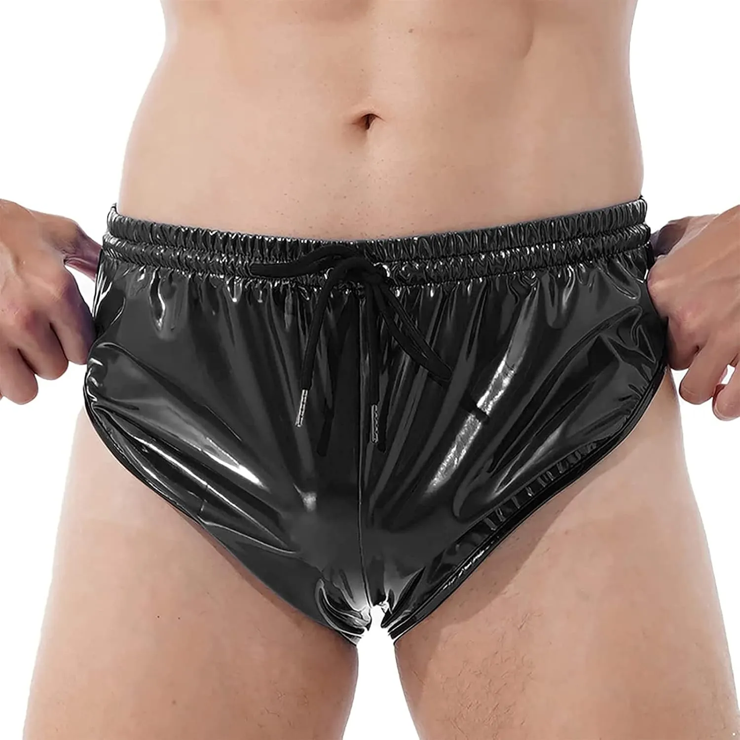 Mens Shiny Metallic Patent Leather Boxer Shorts Underwear Strings High Cut Dance Bottoms Clubwear