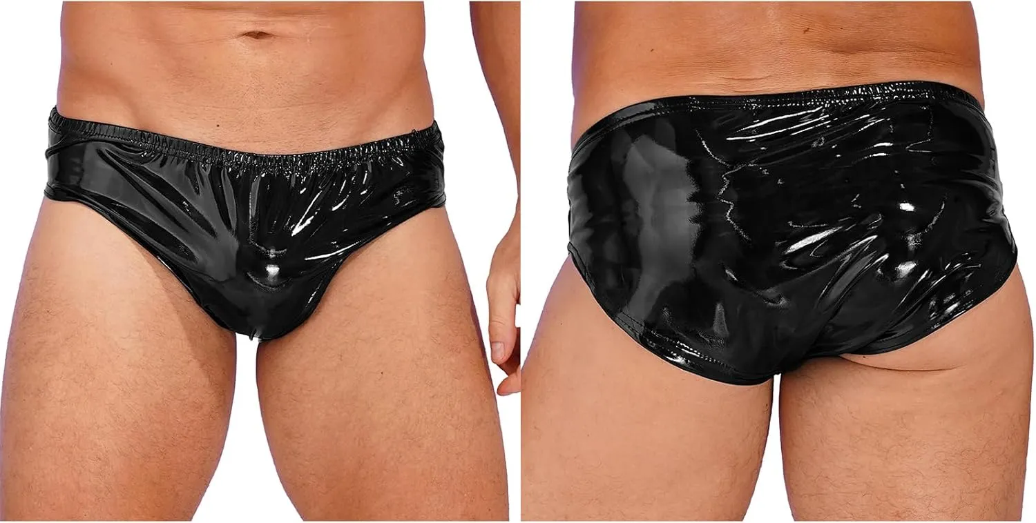 Men's Wet Look Low Rise Bikini Briefs Bulge Pouch Patent Leather Thongs Underpants Jockstrap