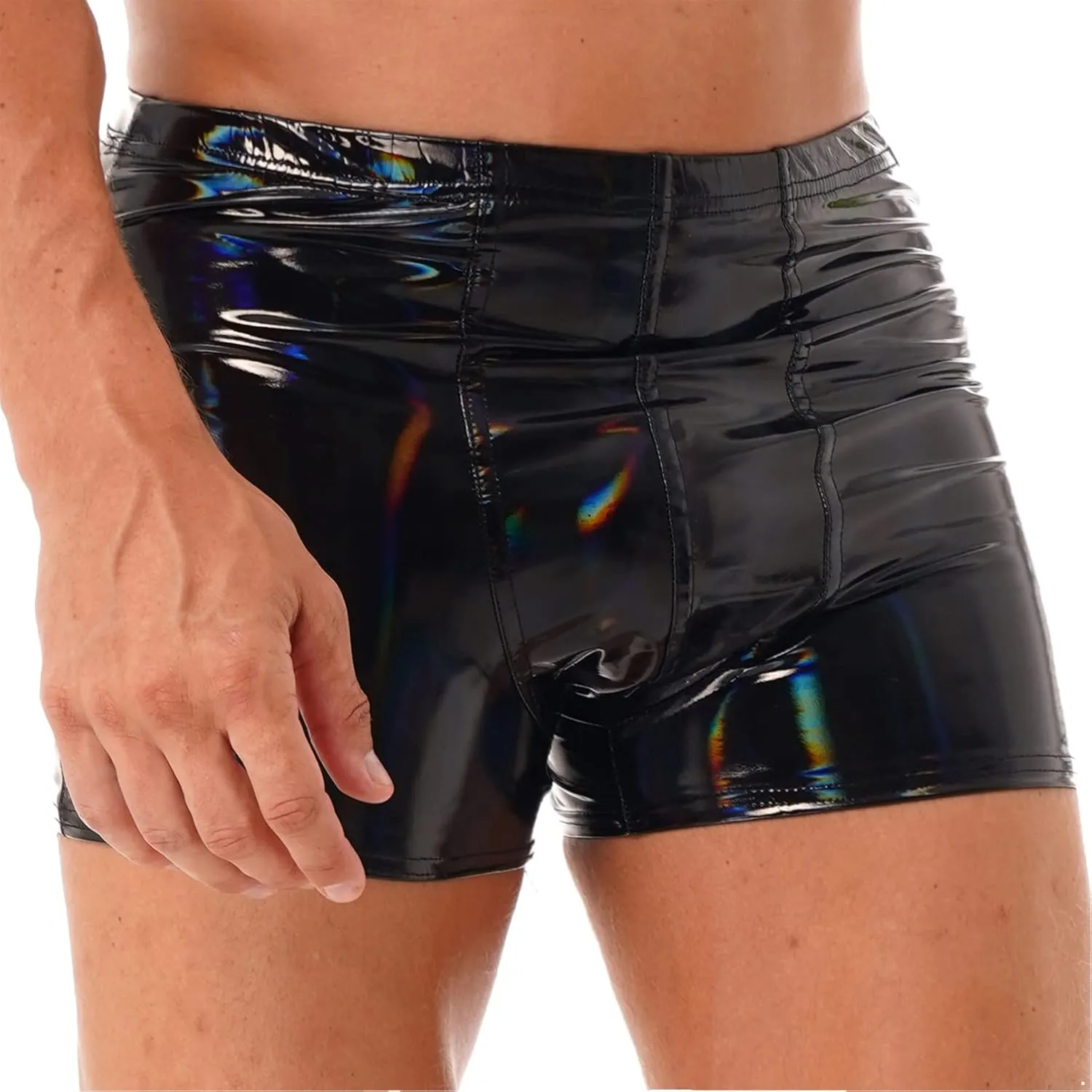 Mens Wetlook Patent Leather Bulge Pouch Panties Boxer Brief Hot Pants Swim Shorts Underwear