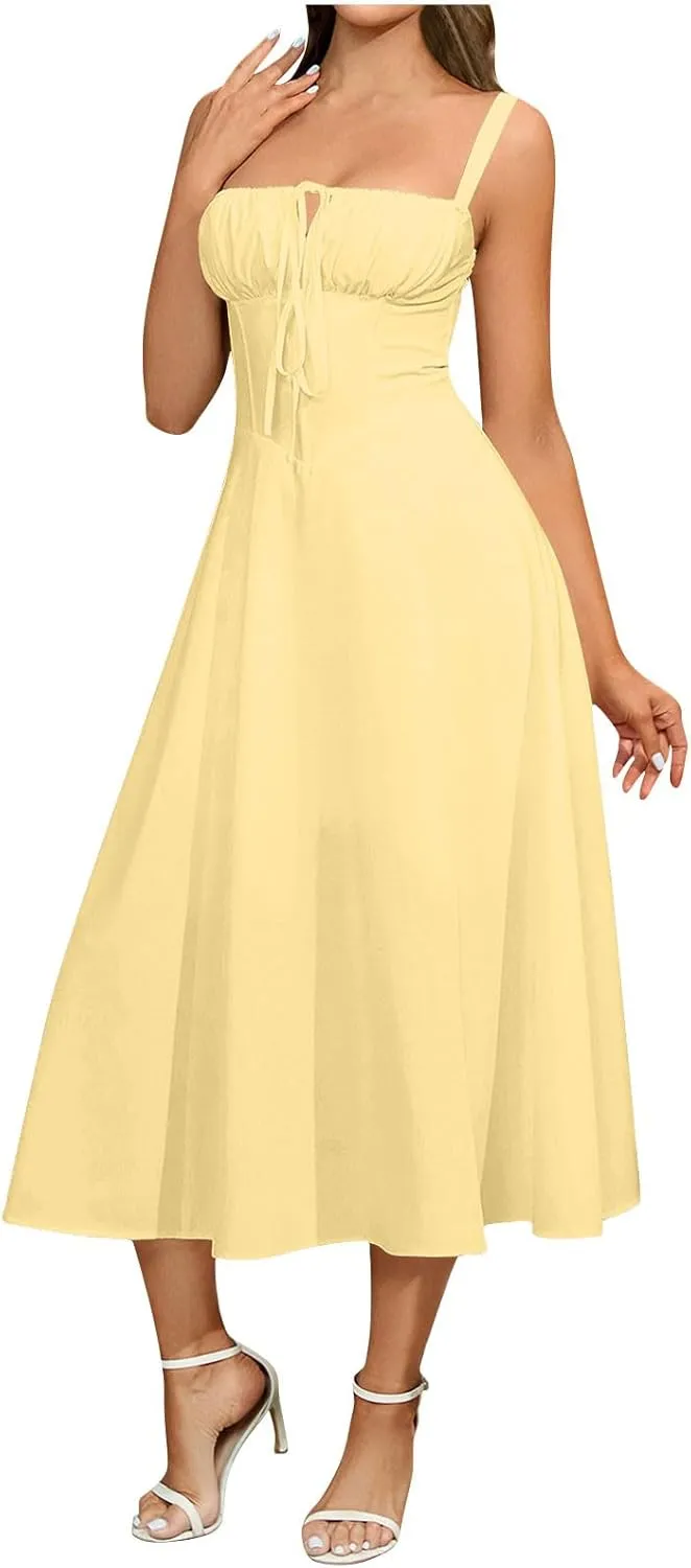 Midi Corset Dress Boho Flowy Slit Lace Up Back Dresses for Women Going Out A Line Tie Neck Casual Cocktail Party Dress