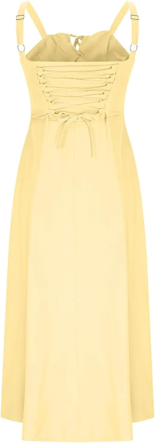 Midi Corset Dress Boho Flowy Slit Lace Up Back Dresses for Women Going Out A Line Tie Neck Casual Cocktail Party Dress