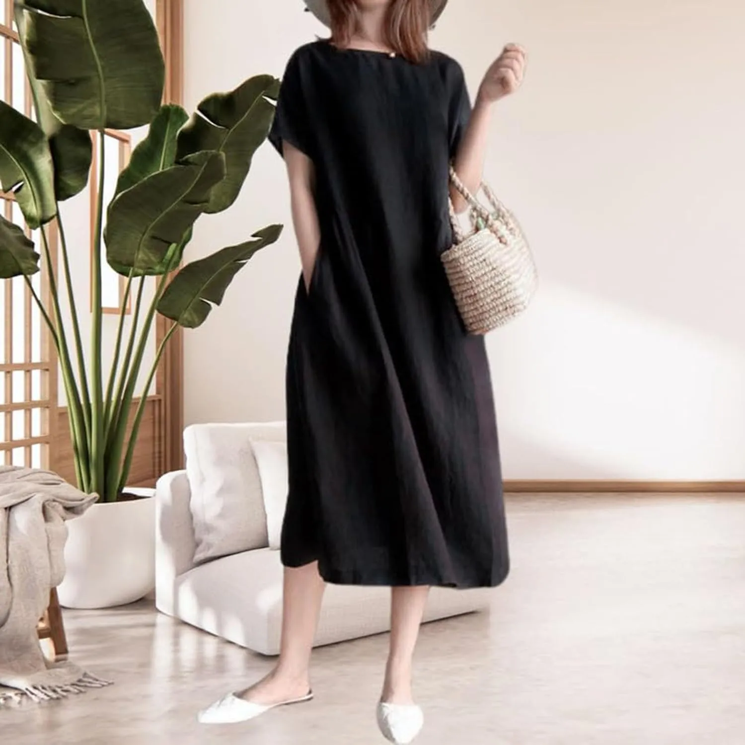 Midi Dresses for Women 2025 Summer Plus Size Short Sleeve Crwneck Linen Dress Flowy Beach Vacation Long Dress
