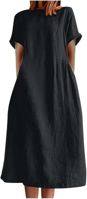Midi Dresses for Women 2025 Summer Plus Size Short Sleeve Crwneck Linen Dress Flowy Beach Vacation Long Dress