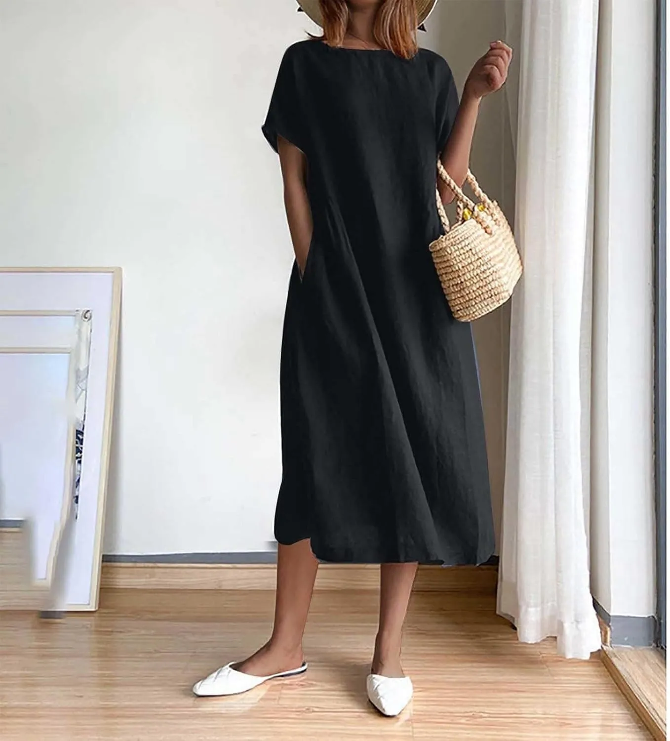 Midi Dresses for Women 2025 Summer Plus Size Short Sleeve Crwneck Linen Dress Flowy Beach Vacation Long Dress