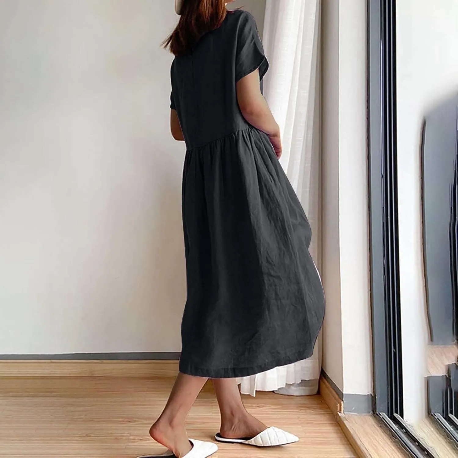 Midi Dresses for Women 2025 Summer Plus Size Short Sleeve Crwneck Linen Dress Flowy Beach Vacation Long Dress