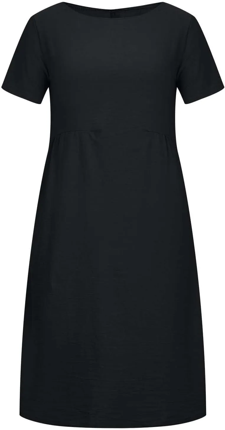 Midi Dresses for Women 2025 Summer Plus Size Short Sleeve Crwneck Linen Dress Flowy Beach Vacation Long Dress