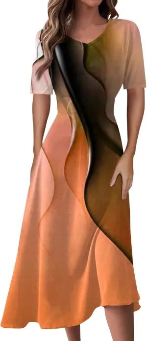 Midi Dresses for Women A-Line Waist V Neck Beach Dress Printing Swing Dress Short Sleeve Comfy Maxi Dresses