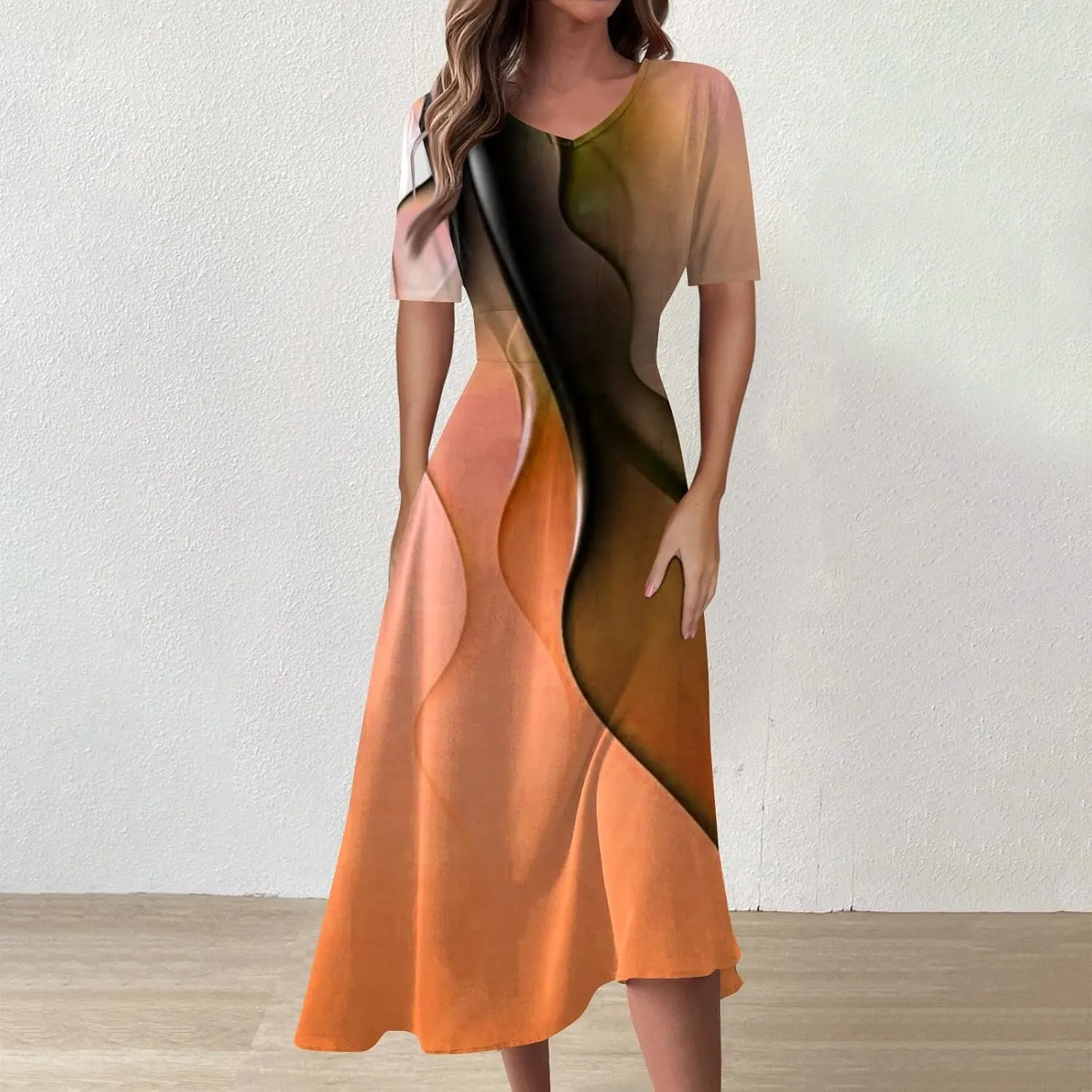 Midi Dresses for Women A-Line Waist V Neck Beach Dress Printing Swing Dress Short Sleeve Comfy Maxi Dresses