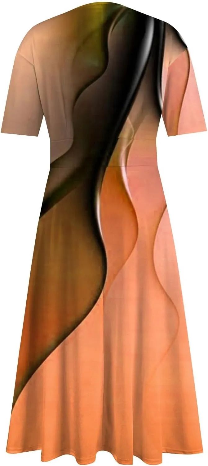 Midi Dresses for Women A-Line Waist V Neck Beach Dress Printing Swing Dress Short Sleeve Comfy Maxi Dresses