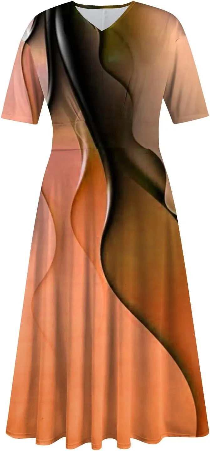 Midi Dresses for Women A-Line Waist V Neck Beach Dress Printing Swing Dress Short Sleeve Comfy Maxi Dresses