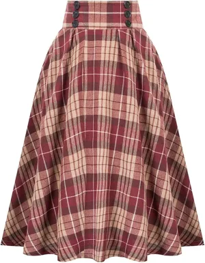 Midi Skirts for Women Button Elastic High Waist Pleated A Line Skirts Summer Loose Casual Skirt for Women