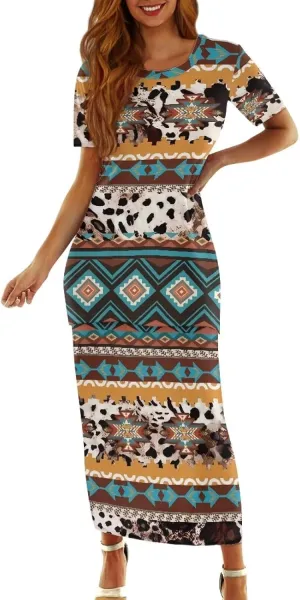 Native American Pattern Summer Dresses for Women 2 Piece Outfits Short Sleeve Top Elastic Waist Maxi Skirt Set