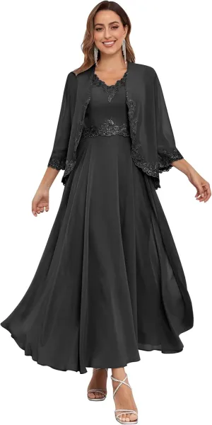 OFEECHUN Women's 2 Piece Mother of The Bride Dresses with Jacket Lace Chiffon Ankle Length Formal Wedding Guest Gown