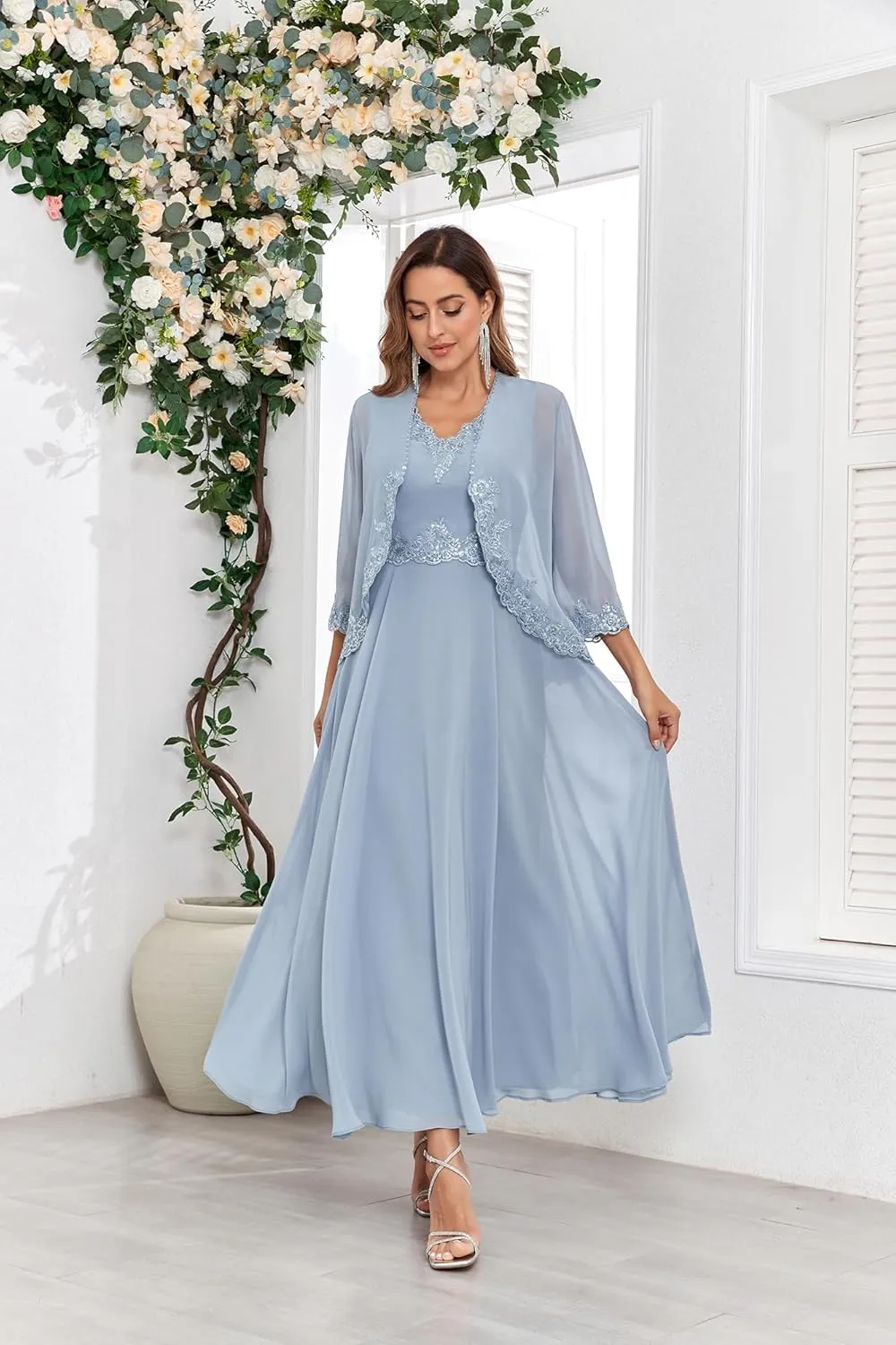 OFEECHUN Women's 2 Piece Mother of The Bride Dresses with Jacket Lace Chiffon Ankle Length Formal Wedding Guest Gown
