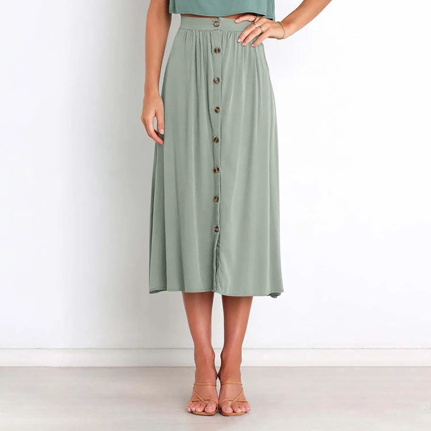 Office Work Long Skirt for Women Casual High Waist Pleated Button Midi Skirt Fashion A-Line Business Maxi Skirts