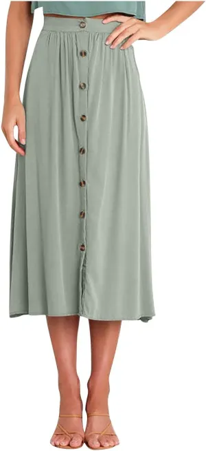 Office Work Long Skirt for Women Casual High Waist Pleated Button Midi Skirt Fashion A-Line Business Maxi Skirts